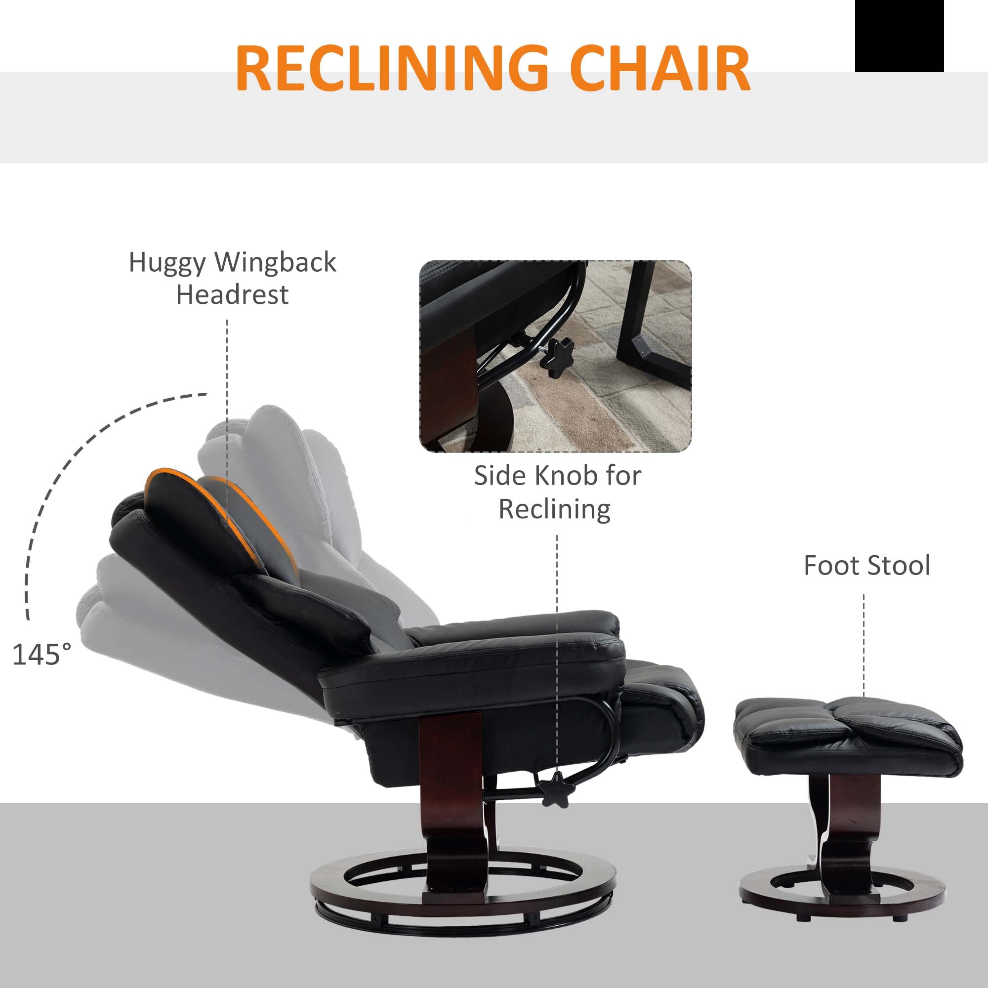 HOMCOM 360° Swivel Recliner Chair with Footstool, PU Leather Manual Recliner Armchair with Solid Wood Base, Upholstered Reclining Chair for Living Room, Bedroom, Office, Black